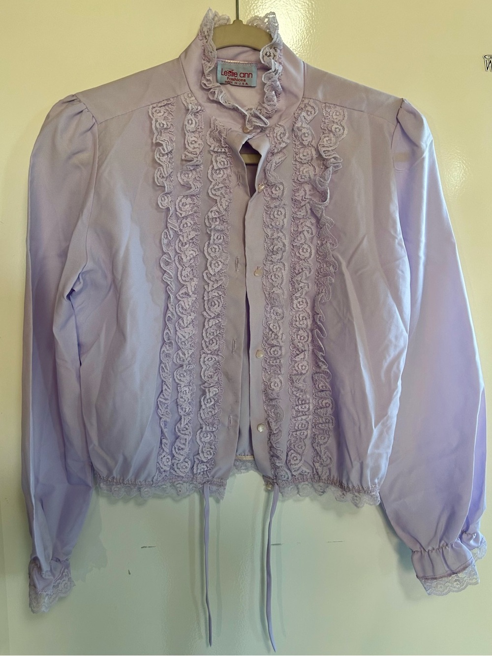 Lavender Vintage Bow, Lace & Ruffled Tuxedo Blouse by Leslie Ann Fashions Sz S